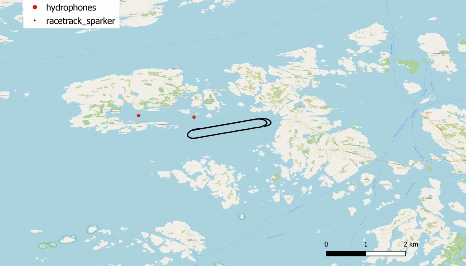 Figure 2 Map showing the racetrack for the sailing of the vessel (black) and position of the hydrophones.