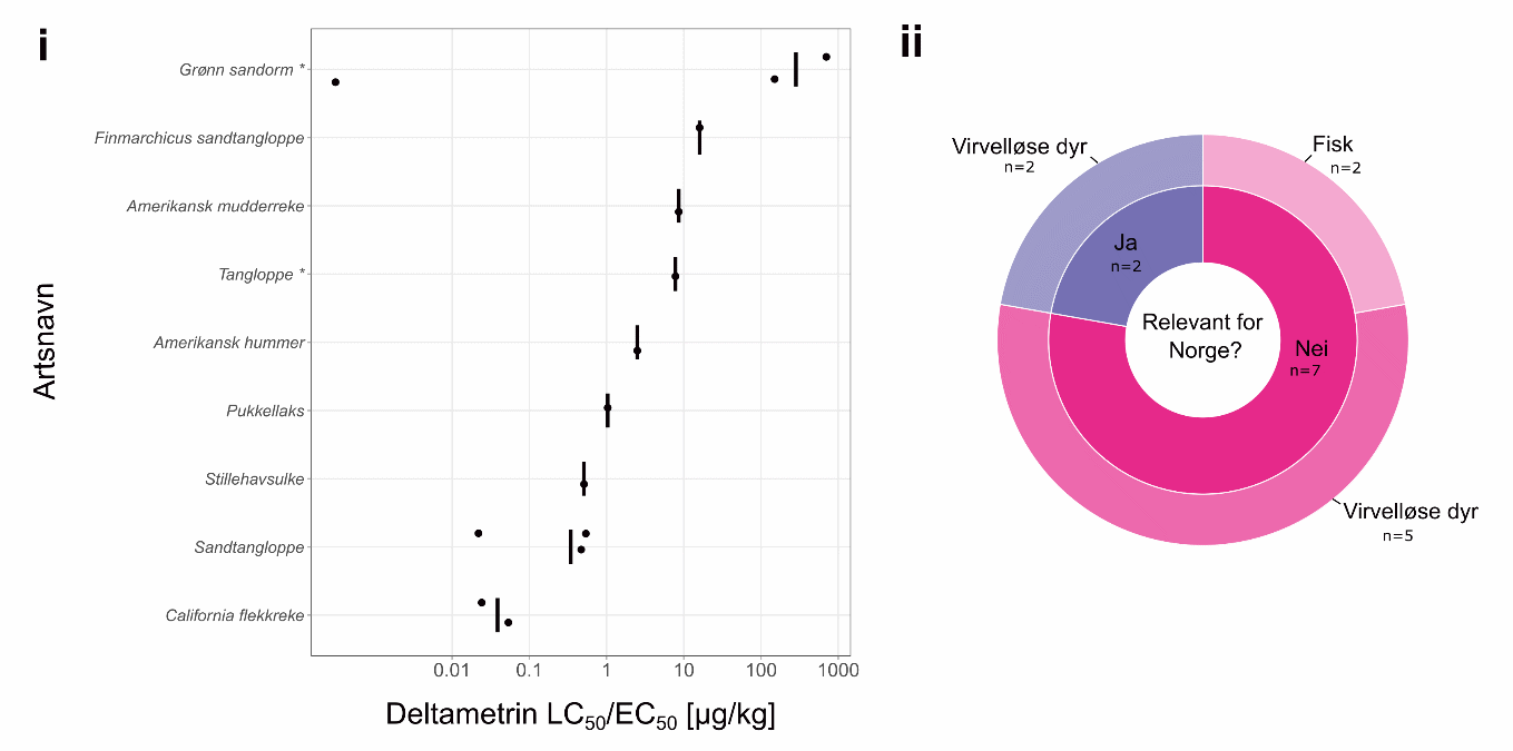 Figur 8.8. Marin toksisitetsdata for deltametrin. i) Plottet viser LC50/EC50-verdiene, basert på dødelighet som endepunkt ved eksponering via sediment for ulike marine arter. Artene er rangert i henhold til de gjennomsnittlige toksisitetsverdiene (merket med en solid svart linje). Hvis data ble uttrykt som større enn eller lik (≥), ble selve verdien plottet. * arter som finnes i Norge. ii) Smultringplottet viser antall (n) arter i datasettet som er relevante norske arter (blått felt) og andre (rødt felt) i dyregruppene som er representert.