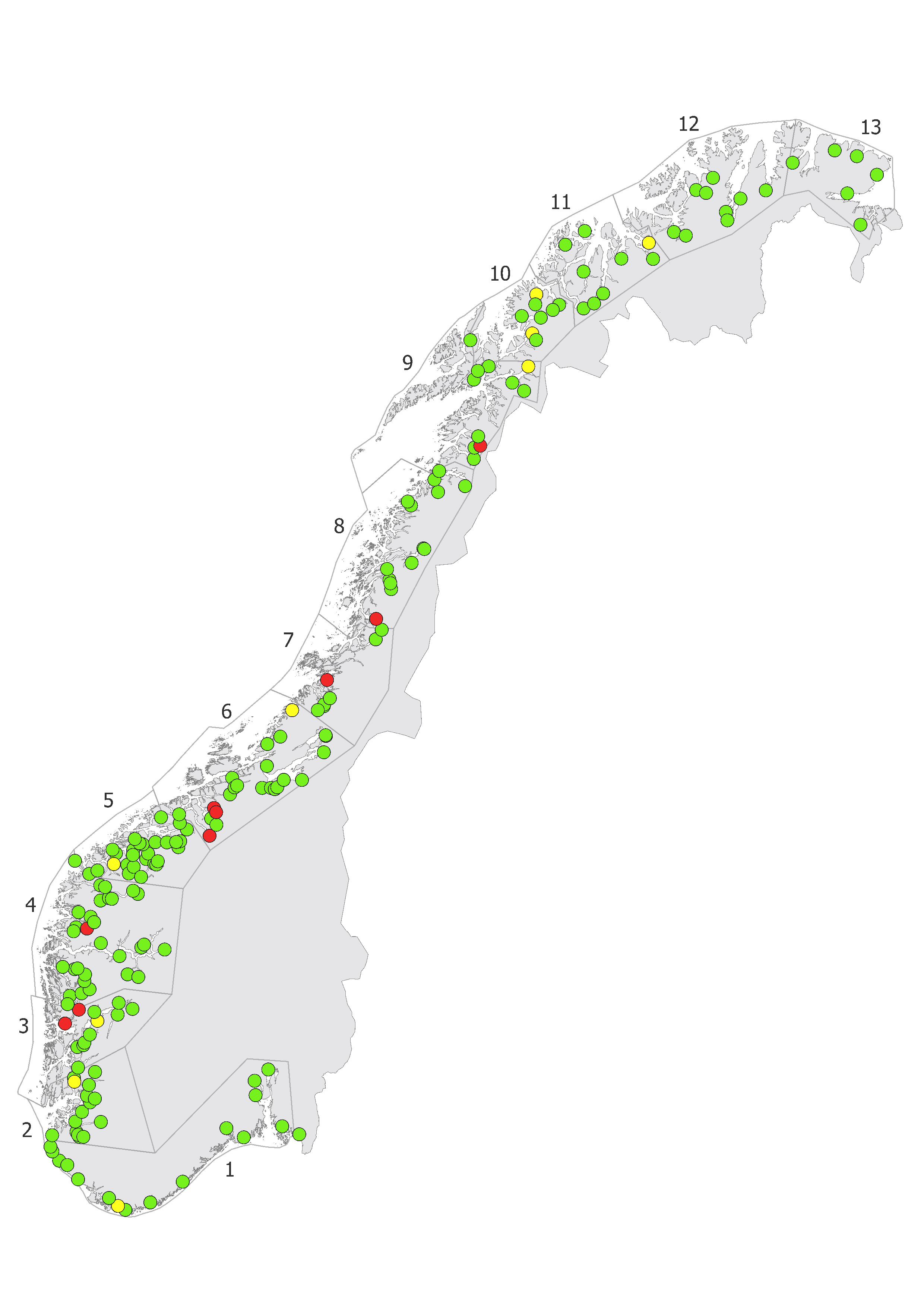 Kart som med punkter i farger som viser innslag av rømt oppdrettslaks i vassdragene