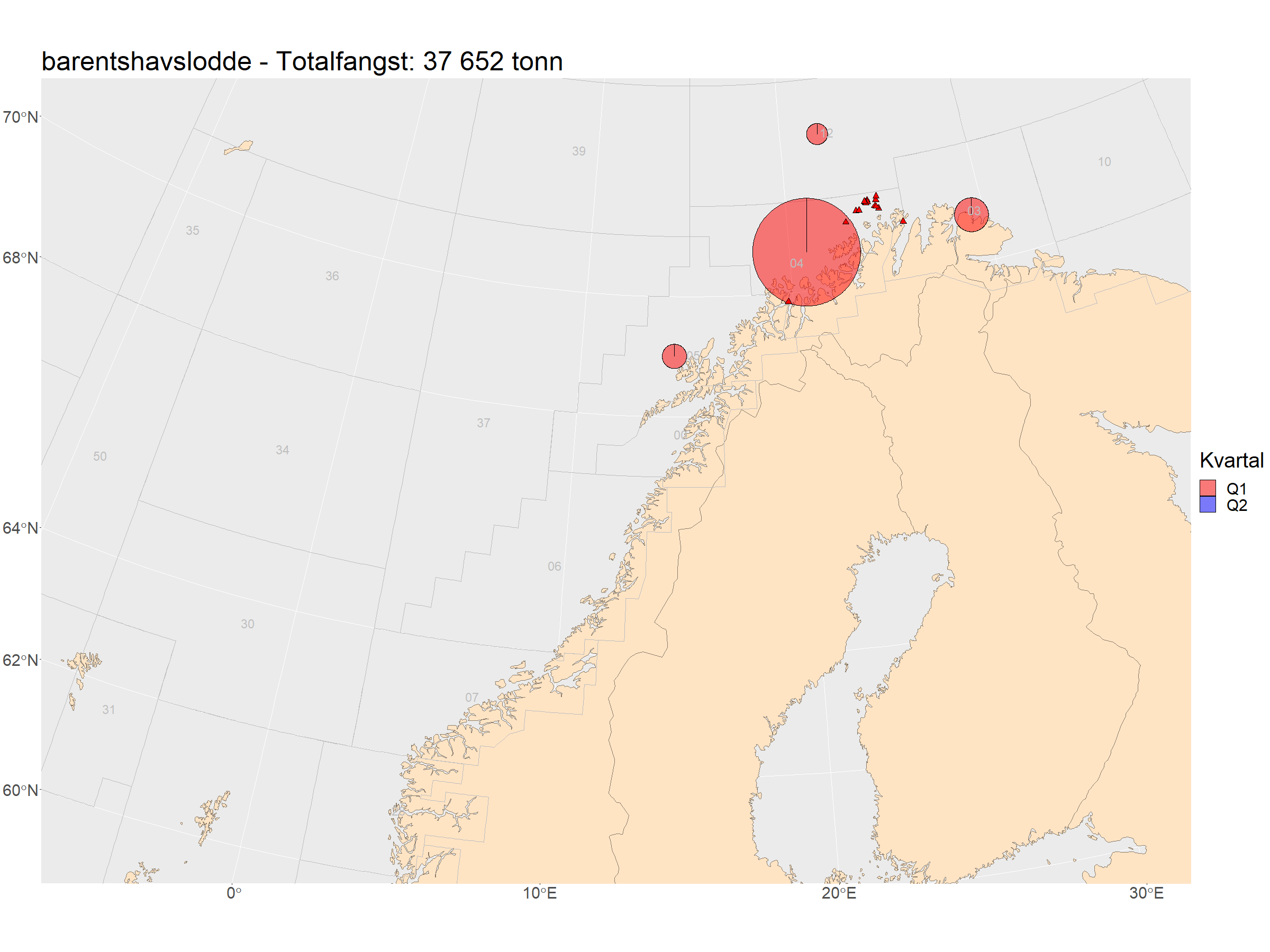 Kart som viser fordeling av fangst og prøvetaking.