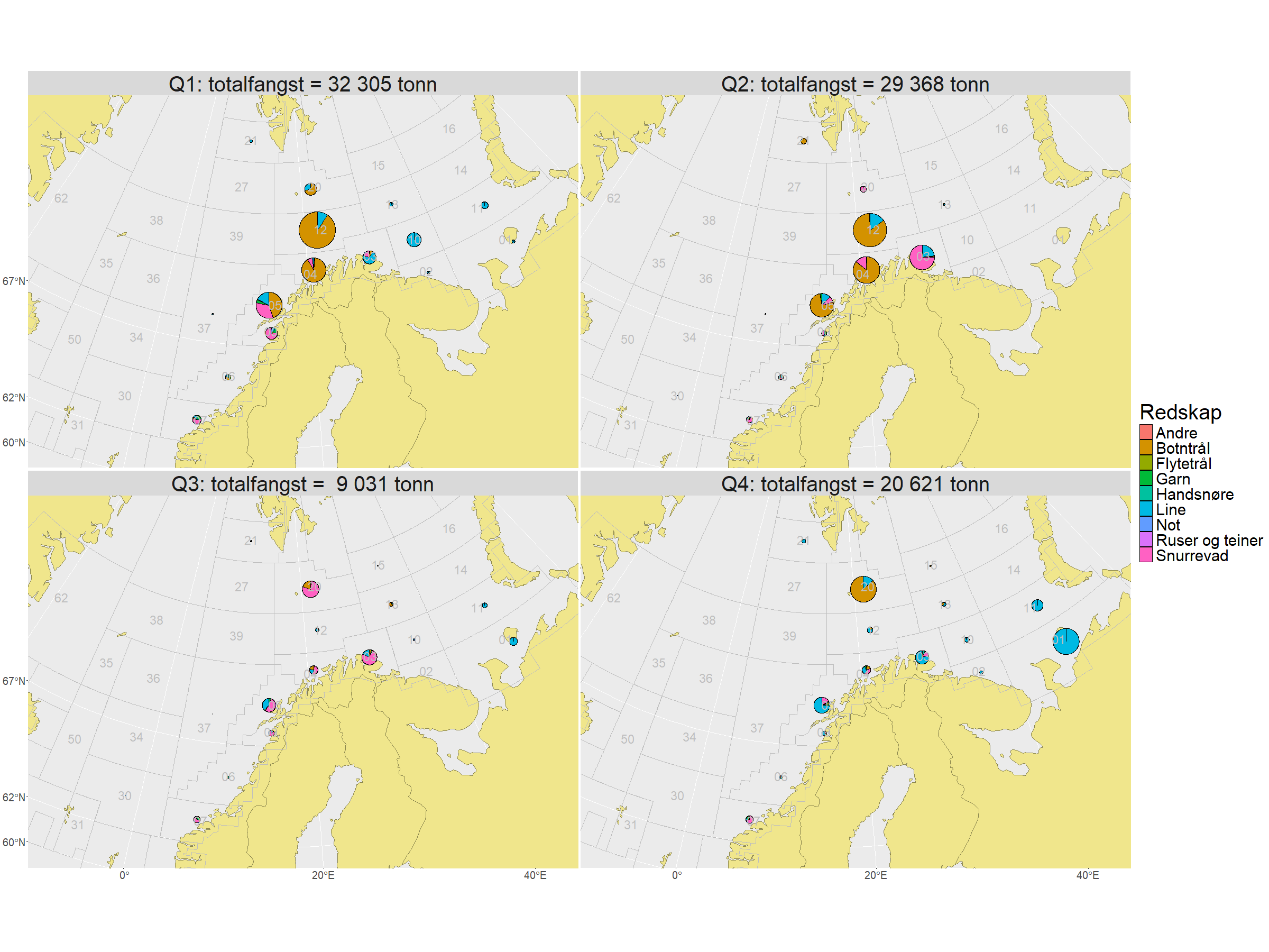 Kart over fangst per hovedområde.