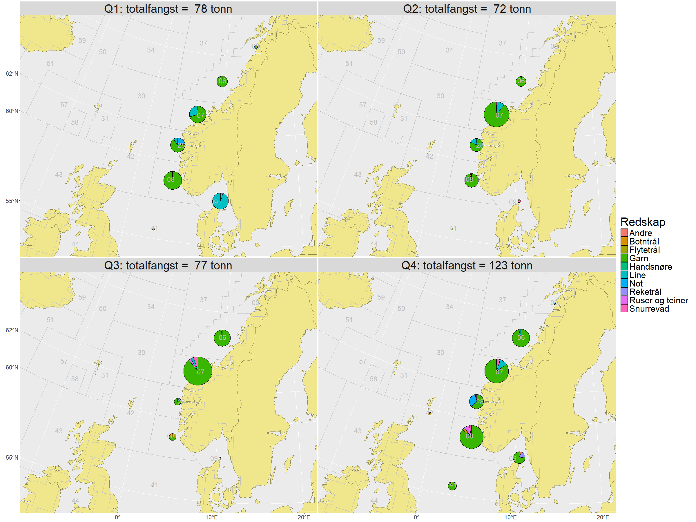 Kart over fangst per hovedområde.
