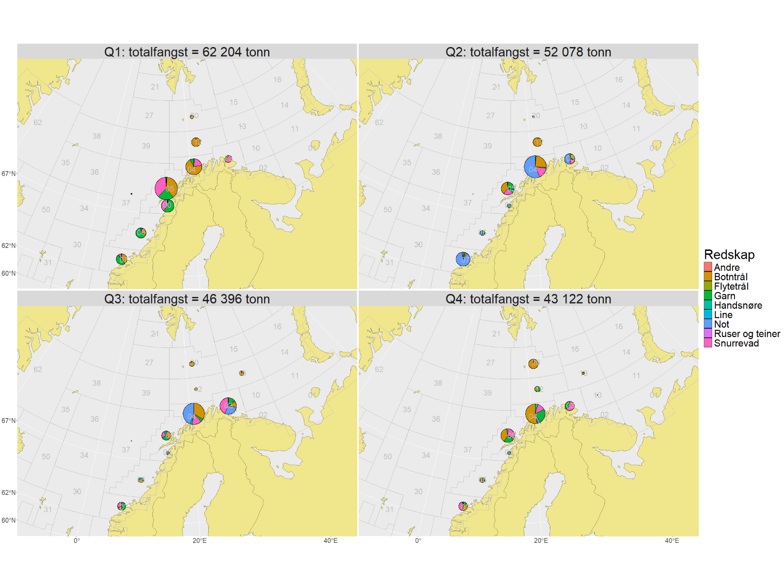 Kart over fangst per hovedområde.