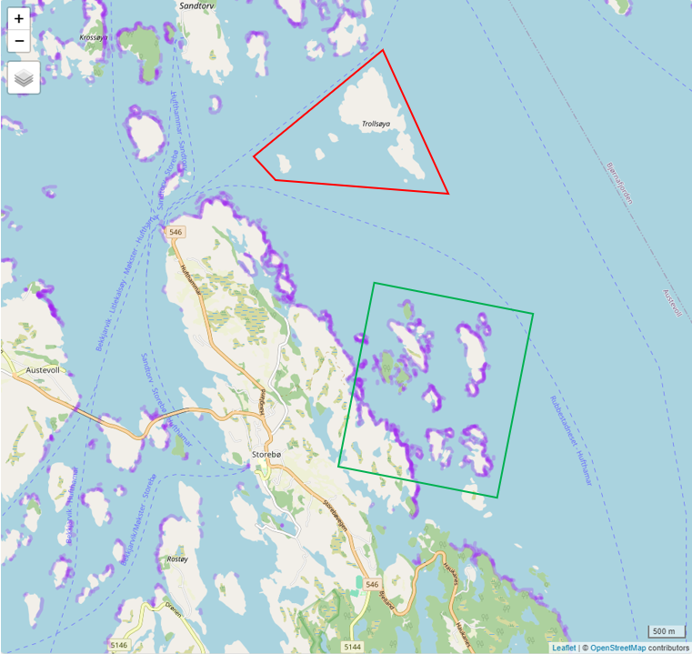 Fisket rundt hummefredningsområde - Fiskespor rundt i hummerfredningsområdet i Austevoll (rød polygon) og i kontrollområdet (grønn firkant) fra 2022 AIS/VMS data. Det har blitt gjennomført standardisert rusetokt i disse områdene 2018-2023.