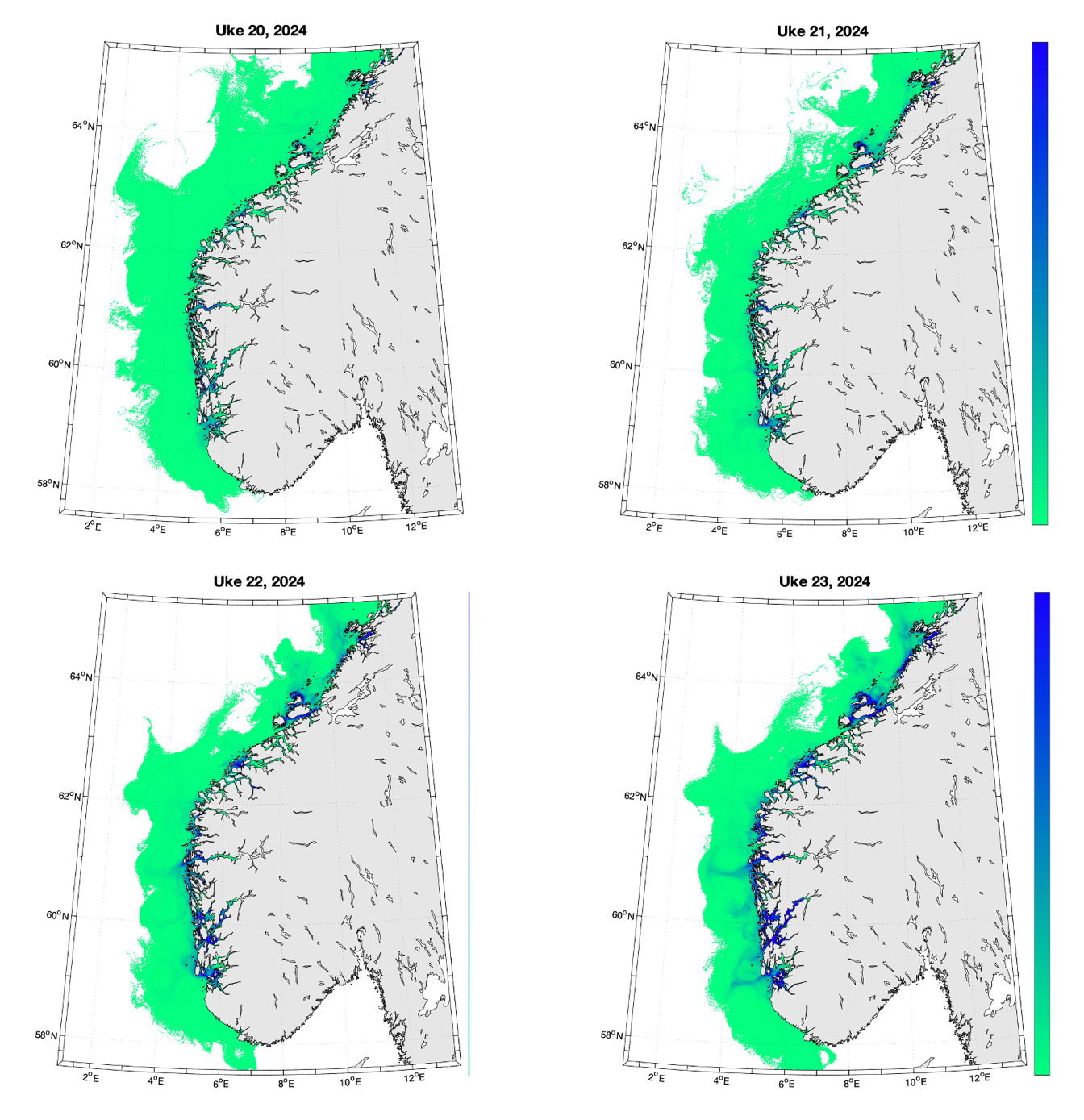 Kart som viser modellert tetthet av smittsomme lakselus ved kysten av Sør-Norge