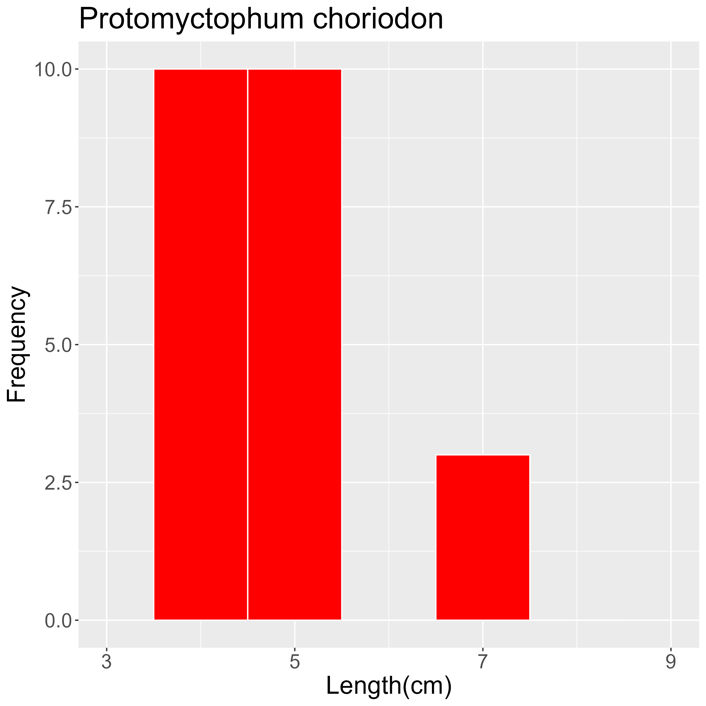 Figure 61. Length frequency of Protomyctophum choriodon for all trawl stations combined. Frequency shown as number of individuals.