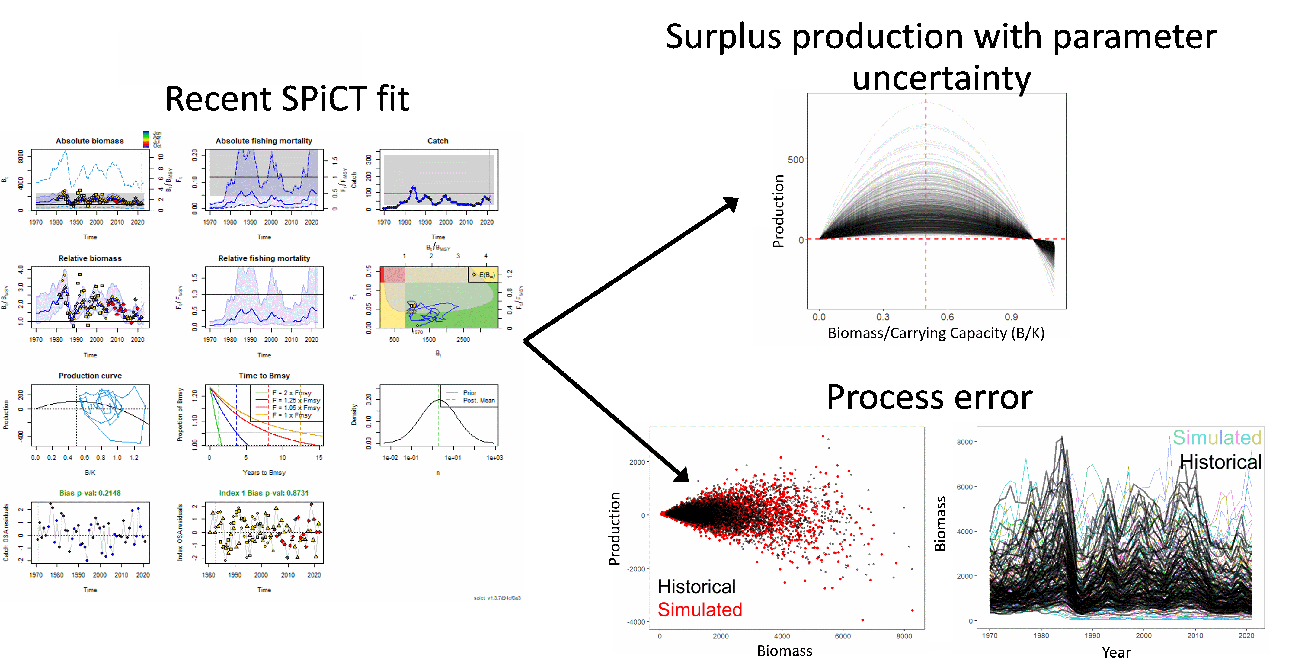 Illustration of the main uncertainties incorporated into the operating model for shrimp in the Barents Sea. The operating model was parameterized with stock assessment estimates using SPiCT to generate a surplus production model with both parameter uncertainty and process error models. Left: standard summary figure from SPiCT. Uupper right: alternative realizations of the production model based on parameter values sampled from the parameter distribution estimated in the assessment model. Lower right: observed historical and simulated pairs of biomass and production and corresponding biomass trajectories.