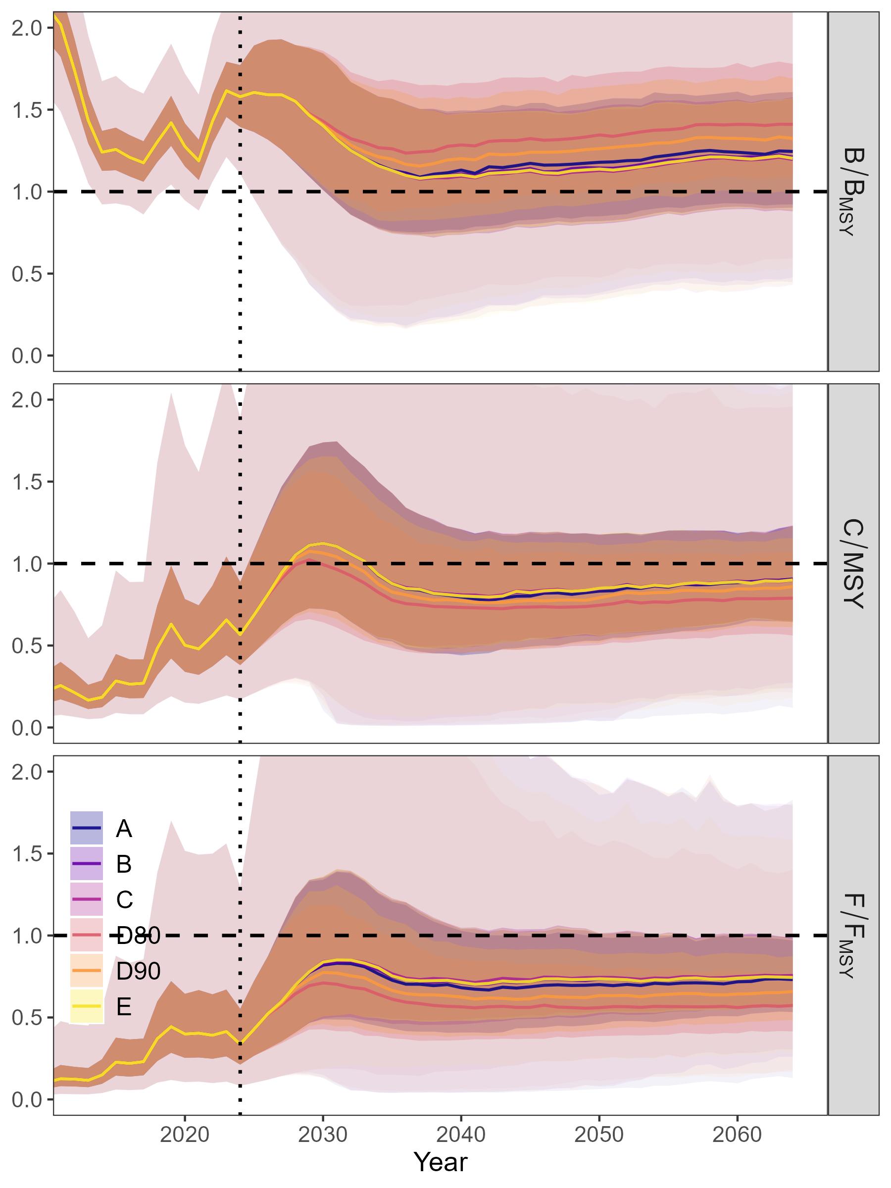 Historical and future MSE projections of main population and fishing-related metrics with uncertainty focused on the future projection period (2025-2064) under OM1. The shaded areas show the inner 50th and 95th quantiles. Distributions of the metrics are computed over all iterations.