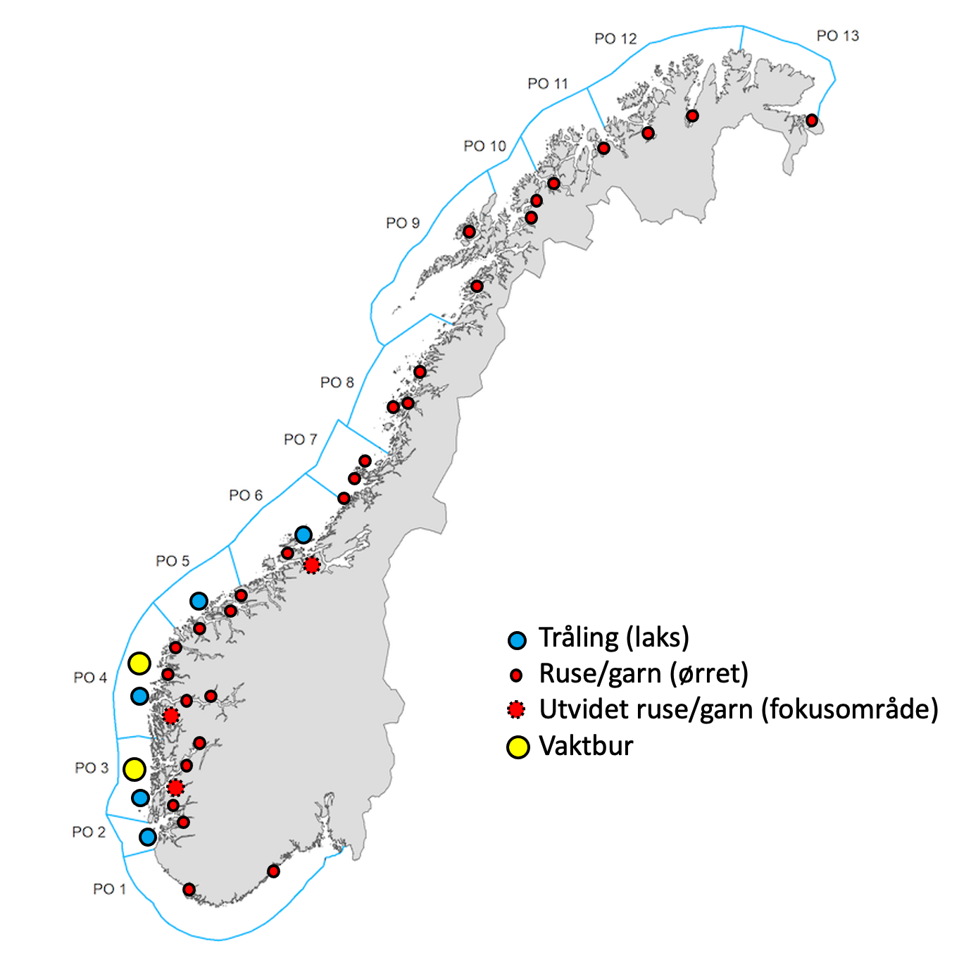 Posisjonene for tråling, ruser/garn og vaktbur er utført i 2024 er vist som punkter i et kart.