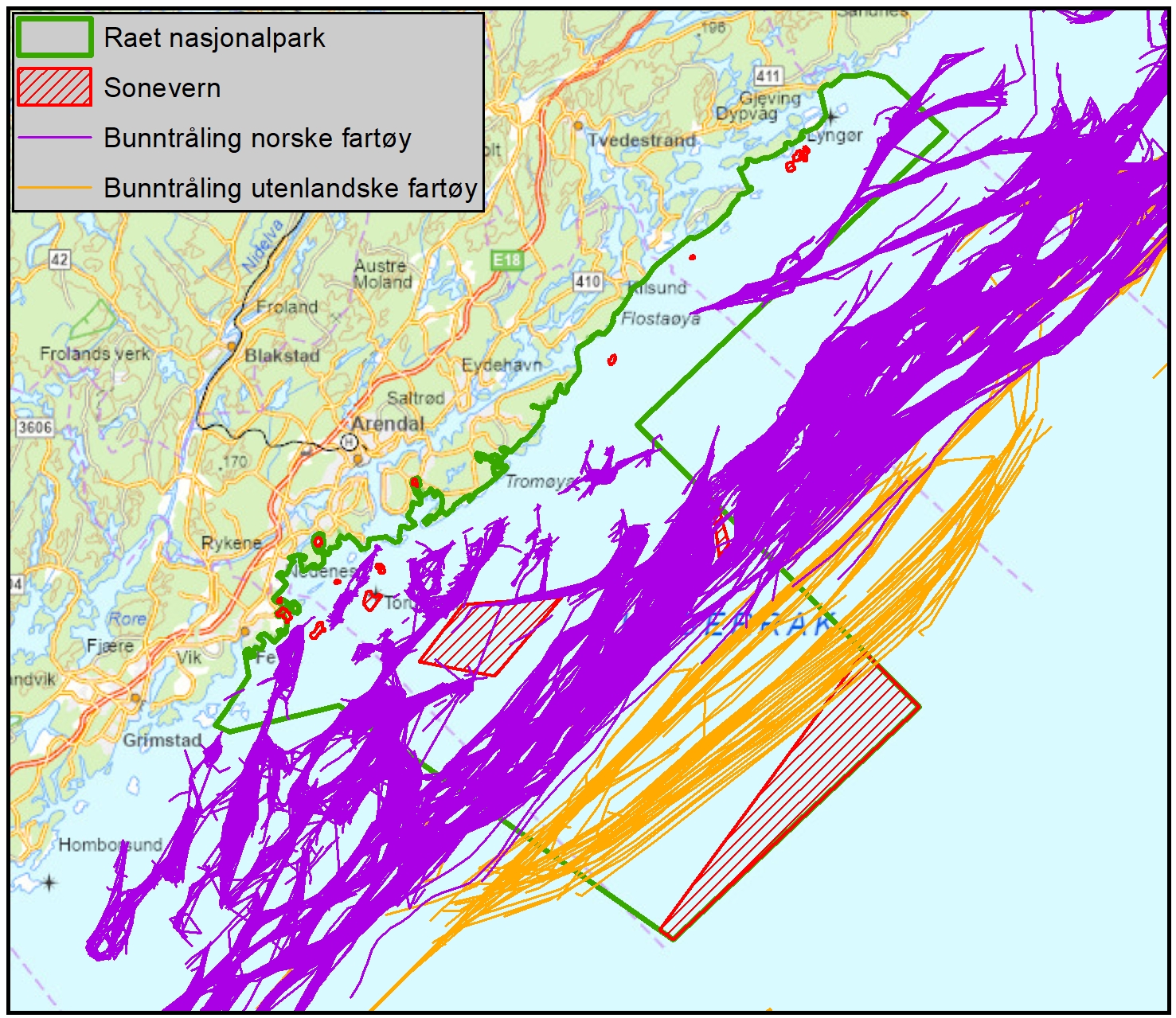 Figur 29. Spordata (VMS) for tråling av norske fiskefartøy (filtrert på hastighet mellom 0,8 og 2,5 knop) i og rundt Raet nasjonalpark for perioden 2019 til august 2024. Kilde: Fiskeridirektoratet. 