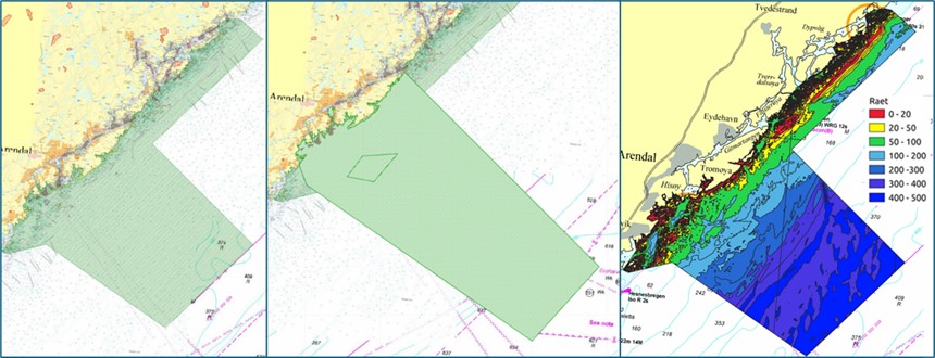 Figur 2. Raet nasjonalpark (venstre) og «Transekt Skagerrak» foreslått i marin verneplan (midten). Høyre figur viser dybdegrupper i Raet nasjonalpark. Kilde: Fiskeridirektoratet og Havforskningsinstituttet.