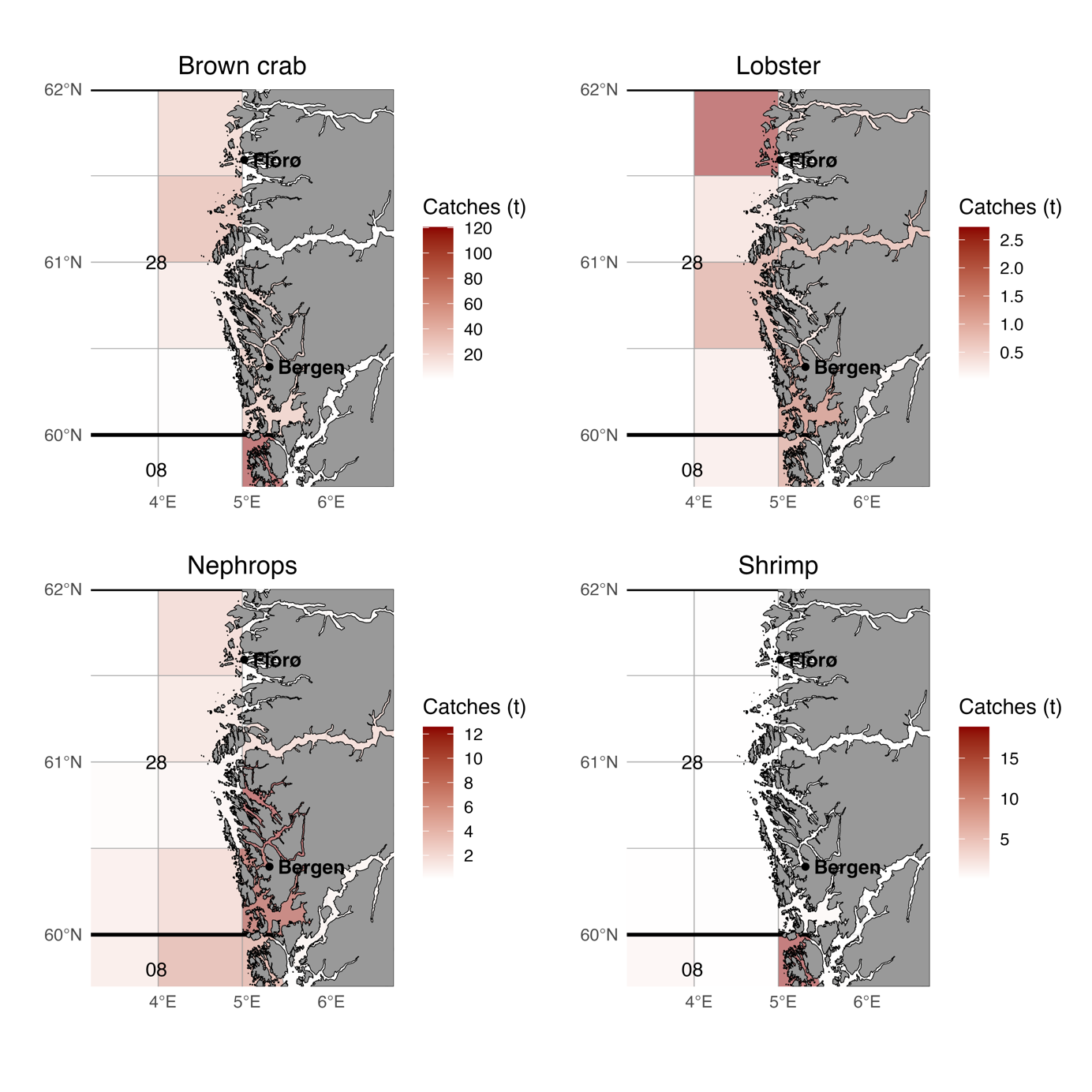 A map section (Western Norway) for each of the four species. Latitudes and longitudes are marked (60° to 62° N, and 4° to 7° E) as well as grids for the statistical areas. A color scale (from dark red to light red) represents the different catches in tonnes. Top left: Brown crab; scale from 120 to 20 tonnes, top right: Lobster; scale from 2.5 to 0.5 tonnes, bottom left: Nephrops; scale from 12 to 2 tonnes and bottom right: Shrimp; scale from 18 to 5 tonnes.