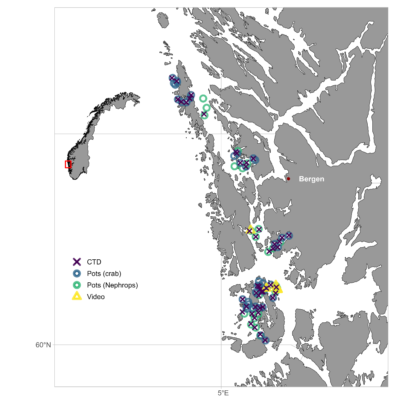 A map of parts of Western Norway (approximately from Stord to Lindås) and an overview map of Norway. The symbols represent the following stations: CTD (red cross), crab pots (blue circles), Nephrops pots (green circles) and video (yellow triangle). The stations are clustered around Austevoll, Fanafjorden/Raunafjorden, Western part of Askøy and around the northern part of Øygarden. 