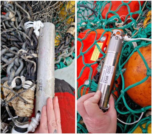 Starmon dybdesensor montert på fiskeline og headline på Harstad 240-trålen. Ved montering på fiskelina er sensoren plassert i en stålhylse for å unngå skader på sensoren.