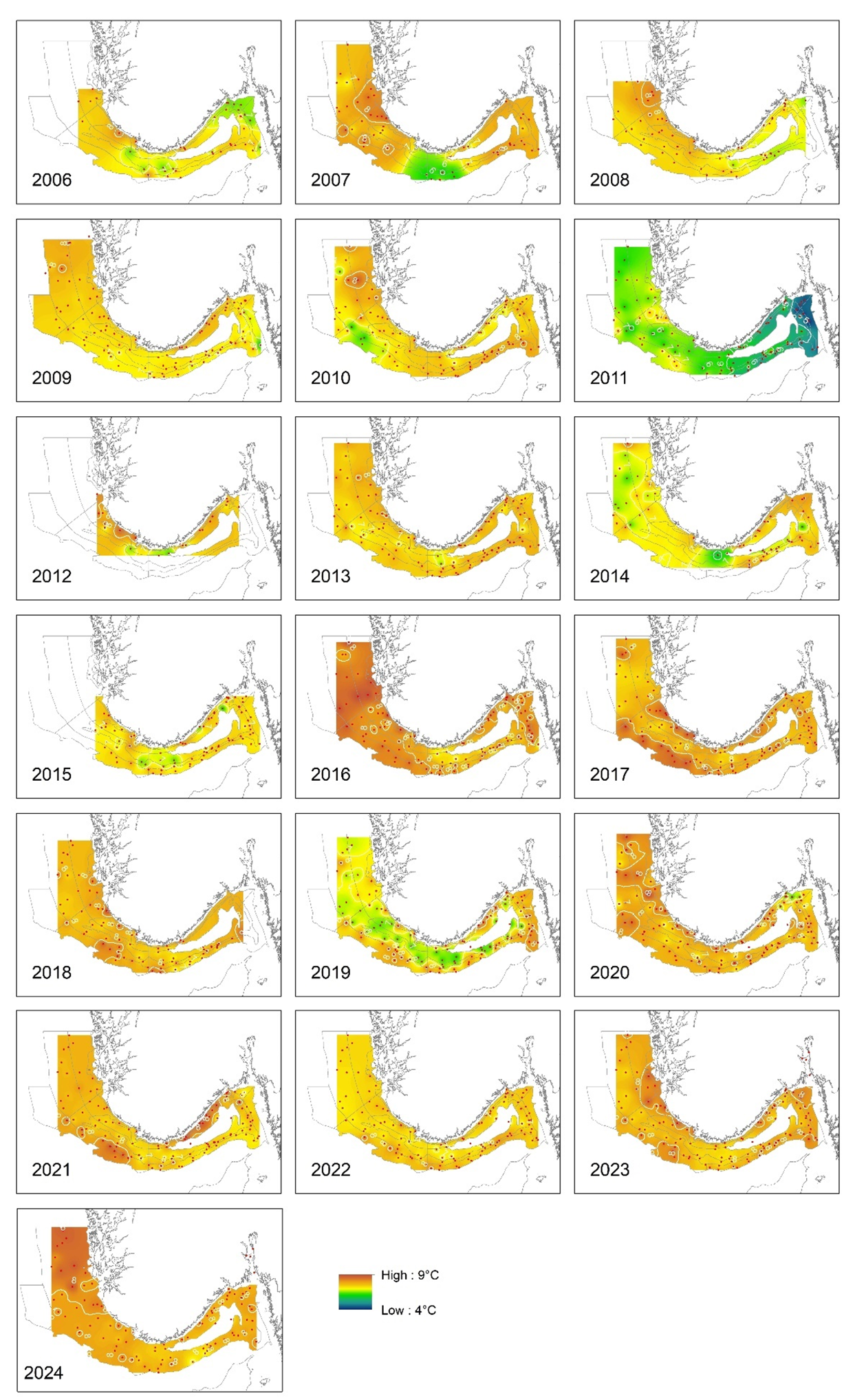 Kartutsnitt fra 2006 øverst til venstre og går i rekkefølge tre og tre nedover til 2024. går fra rødt (9 grader) til blått (4 grader).