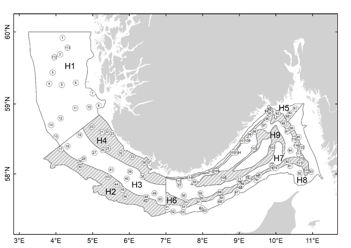 Faste trålstasjoner er her merket som hvite sirkler med tall inni. Strata er vist som innrammede hvite eller gråskraverte felt, som er nummerert H1 til H9.