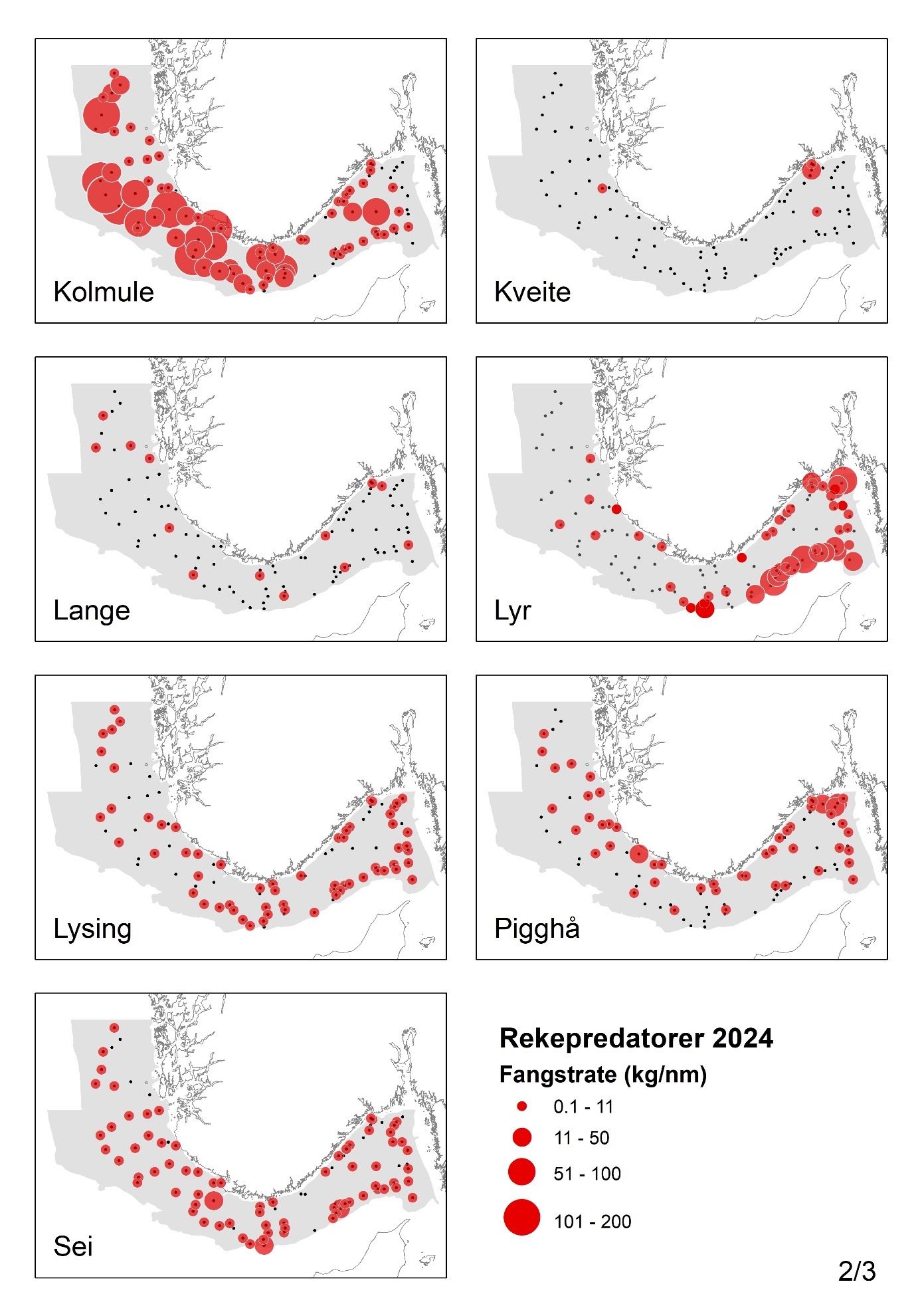 Ett kartutsnitt for hver av følgende arter (kartutsnittene er stablet to og to): Kolmule, kveite, lange, lyr, lysing, pigghå og sei. Boblene er proporsjonale med fangstene, og har fire ulike størrelser: de minste er 0,1-11 kg per nautisk mil, de nest minste er 11-50 kg, de nest største er 51-100 kg og de største boblene 101-200 kg per nautisk mil. 