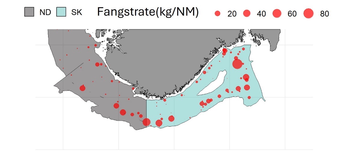 Figuren viser et kartutsnitt over Norskerenna (ND) skravert i grått og Skagerrak (SK) skravert i turkis. Røde bobler med fire ulike størrelser fra minst (0), nest minst (20), nest størst (60) til størst (80), representerer fangstraten kilo per nautisk mil.