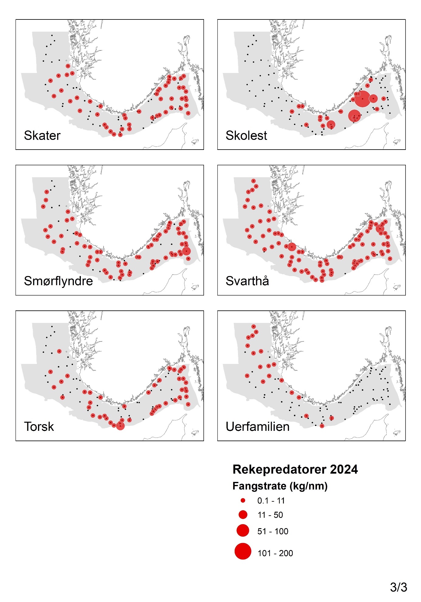 Ett kartutsnitt for hver av følgende arter (kartutsnittene er stablet to og to): Skater, skolest, smørflyndre, svarthå, torsk og uerfamilien. Boblene er proporsjonale med fangstene, og har fire ulike størrelser: de minste er 0,1-11 kg per nautisk mil, de nest minste er 11-50 kg, de nest største er 51-100 kg og de største boblene 101-200 kg per nautisk mil. 