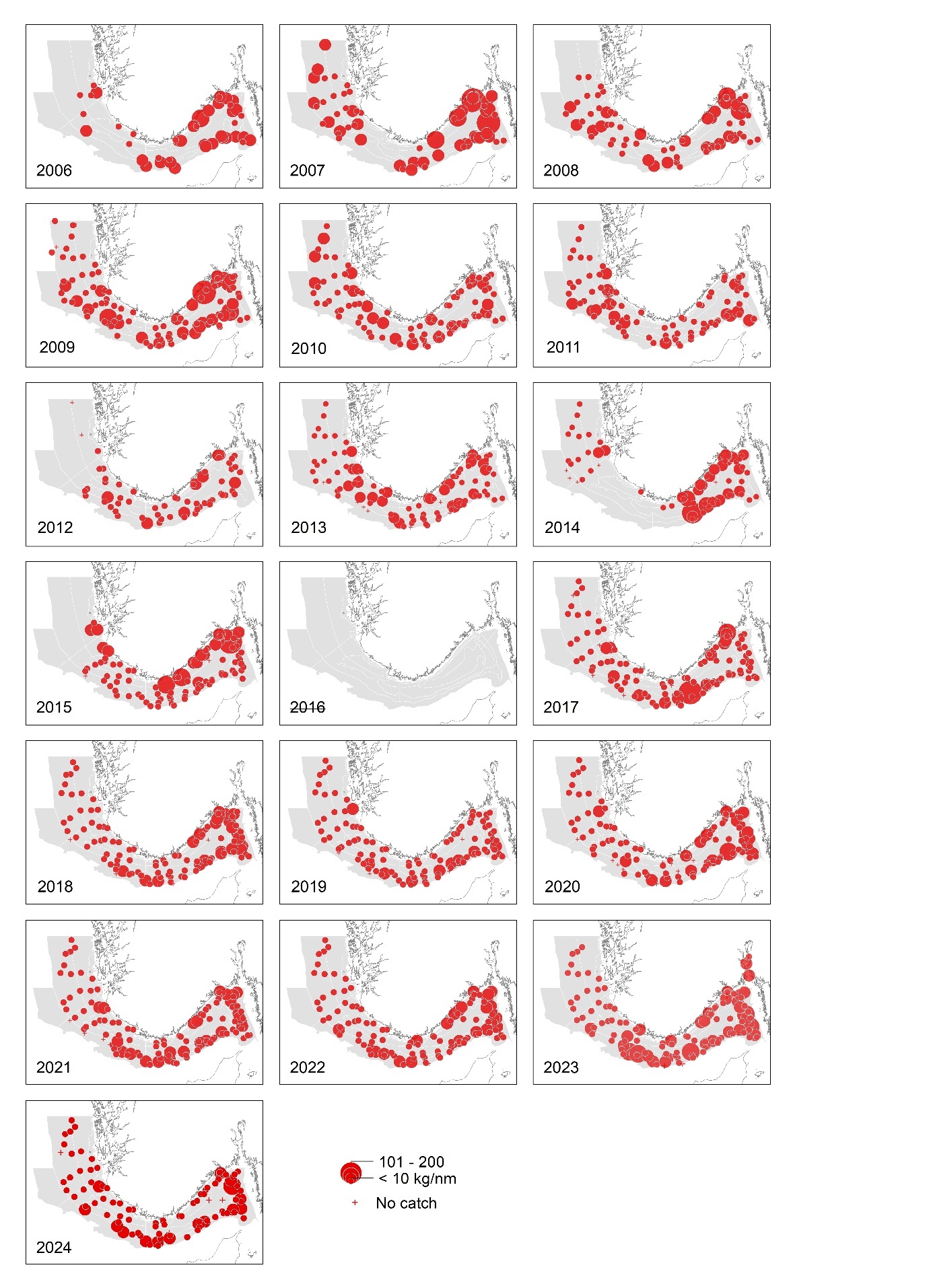 Kartutsnitt fra 2006 øverst til venstre og går i rekkefølge tre og tre nedover til 2024. Det er røde bobler og de har tre ulike størrelser: de største boblene er 101-200 kilo per nautisk mil og de minste er under 10 kilo per nautisk mil. Røde kryss betyr ingen fangst.