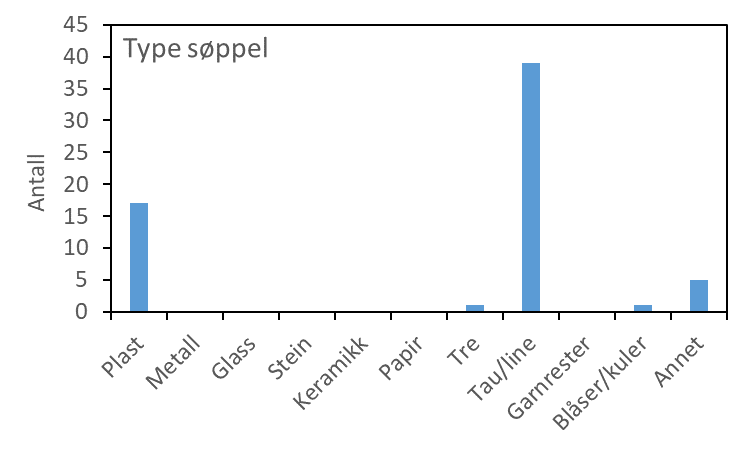 Stolpediagram over type søppel. Y-aksen (antall trålstasjoner) går fra 0 til 45. X-aksen viser følgende type søppel: plast, metall, glass, stein, keramikk, papir, tre, tau/line, rester etter garn, blåser/ og annet. 