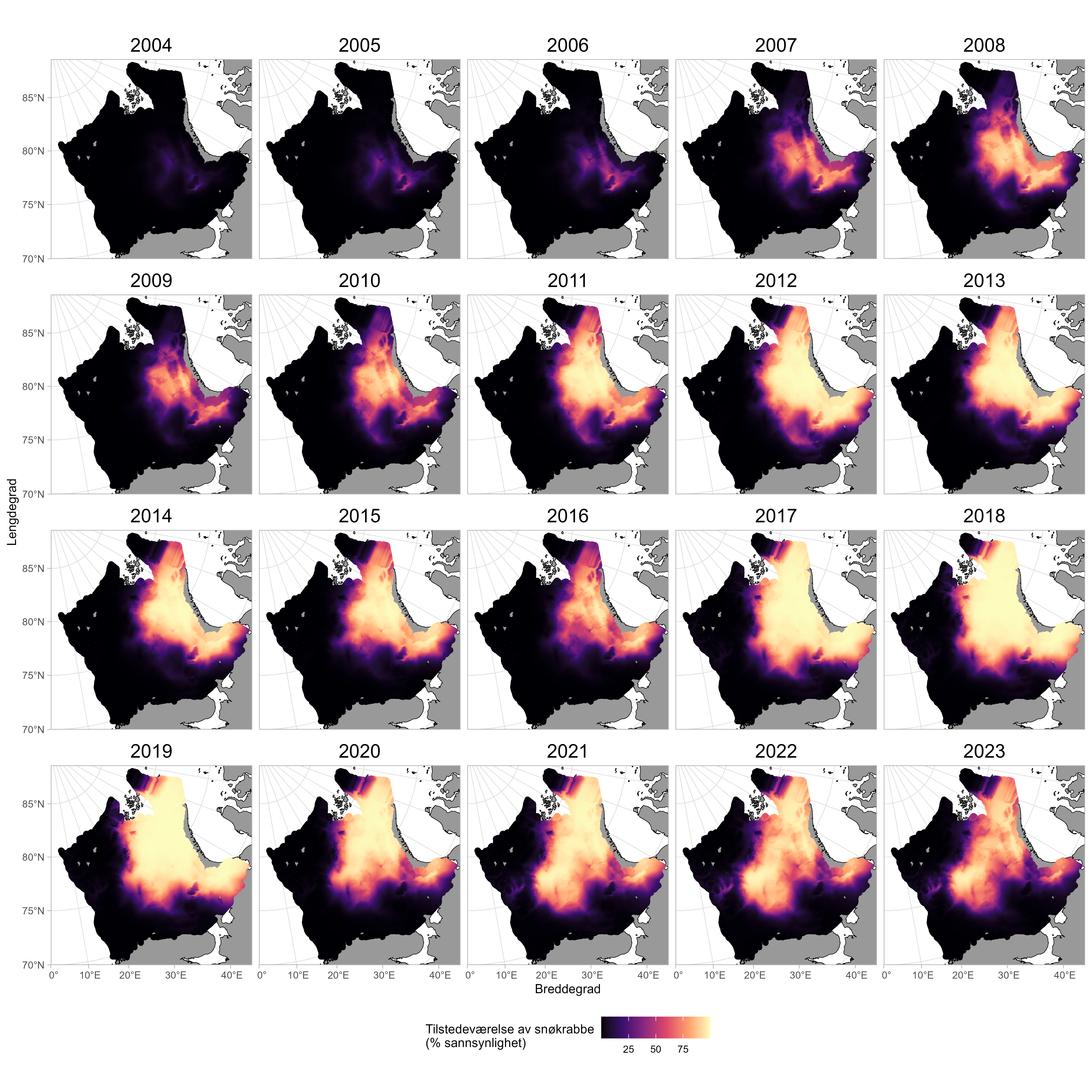 Kart over Barentshavet, ett for hvert år fra 2004 til 2023. I hvert kart er sannsynligheten for å få krabbe i trålen markert. Til sammen viser kartene at snøkrabben har spredd seg fra Gårbanken (sør-østlige Barentshavet) og har større utbredelsesområde år for år frem til 2022. Etter det er det mer stabilt eller litt tilbakegang. 
