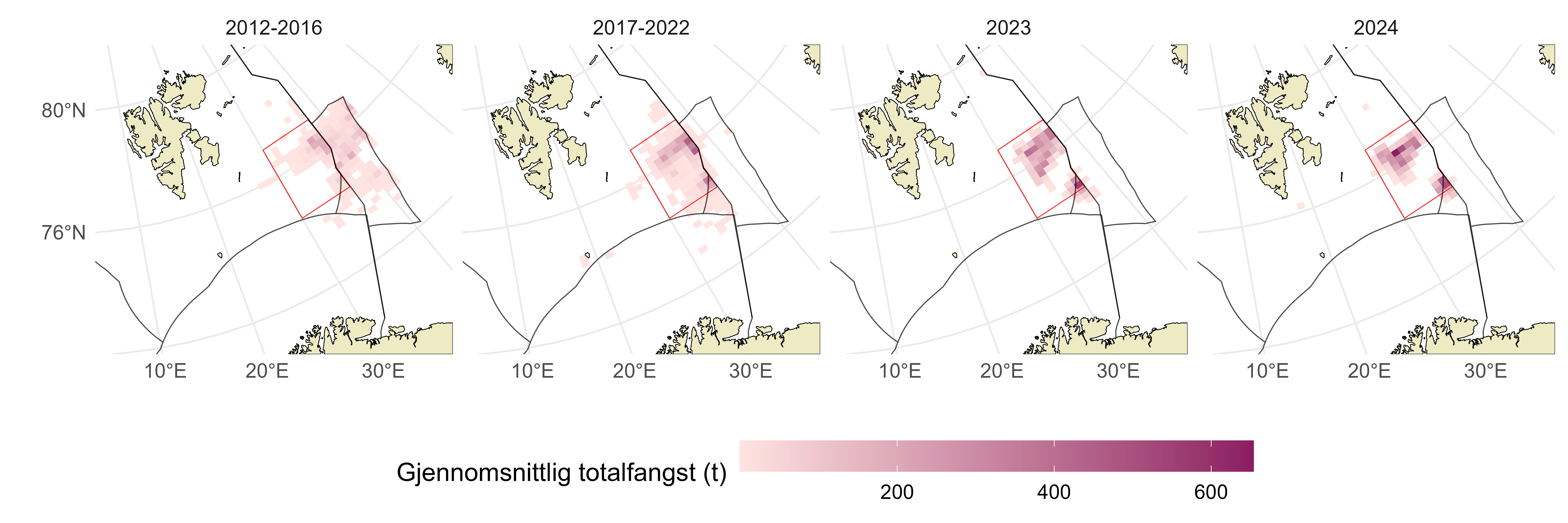 Kart med fire paneler, som viser fordeling av fangstposisjoner fra 1. 2012 til 2016, 2. 2017 til 2022, 3. 2023 og 4. 2024. 