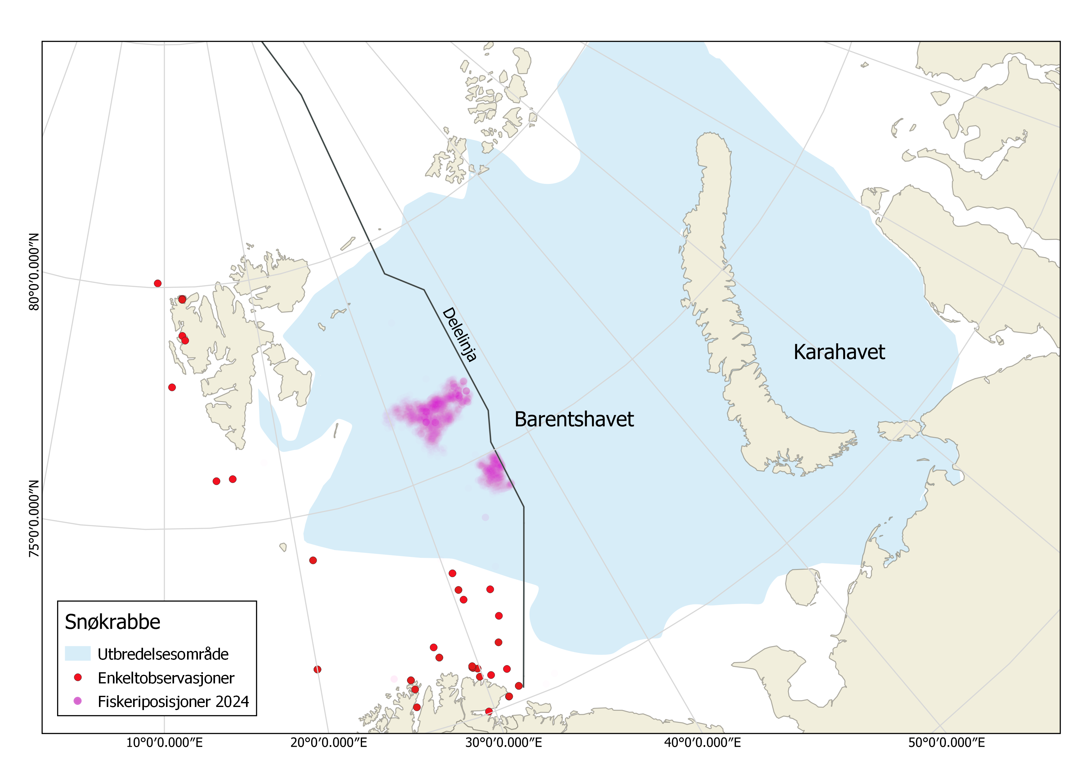 Kart over Barentshavet som viser utbredelse av snøkrabbe