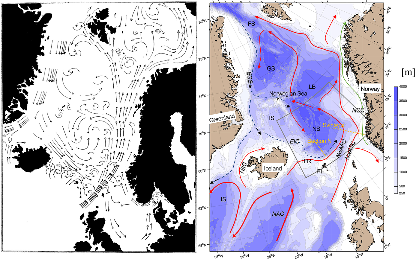 Kart over norskehavet med piler som viser havstørmmene.