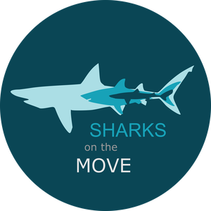 Logo fra Sharks on the move. Innholder prosjektnavnet og illustrasjon av tre haier oppå hverandre.