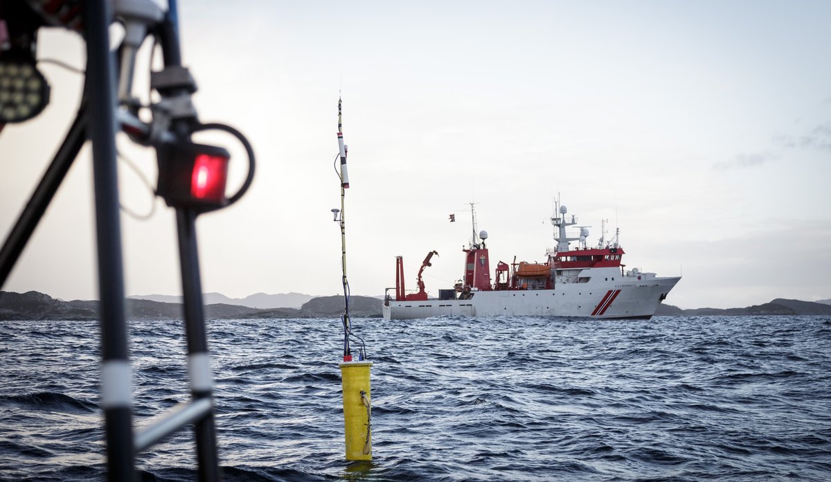 Forskningsfartøy på fjorden i bakgrunnen, en gul bøye stikker opp av vannet i forgrunnen.
