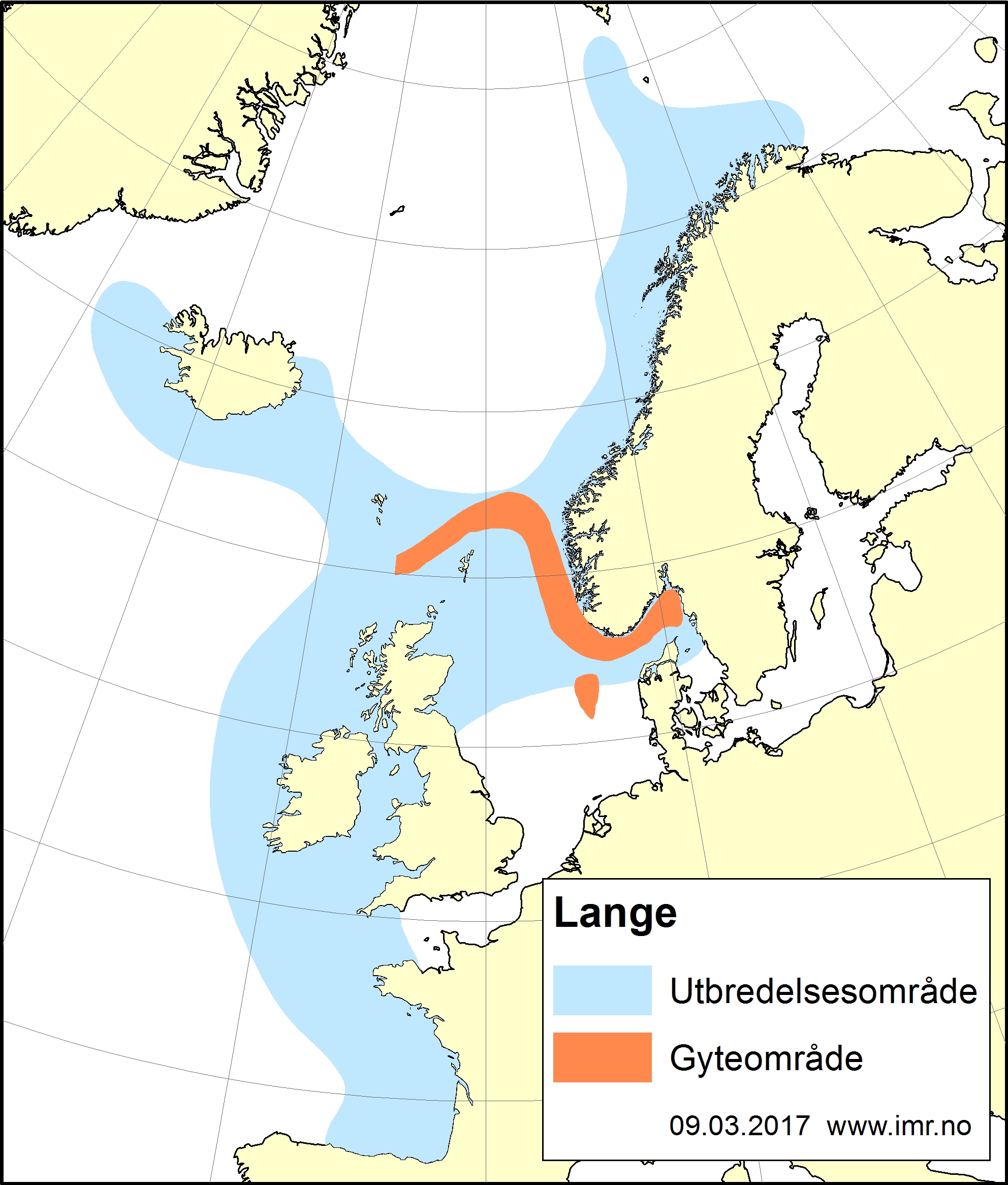 Den har en utbredelse ved helde norskekysten, men gyteområde ved øvre grense til nordsjøen